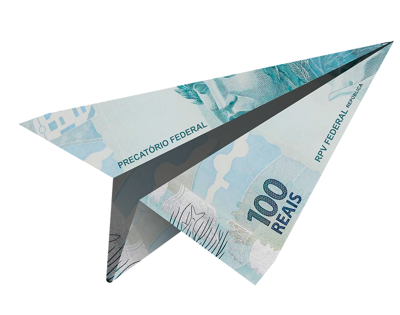 Avião de papel feito de nota de 100 reais, com texto "Precatório Federal"